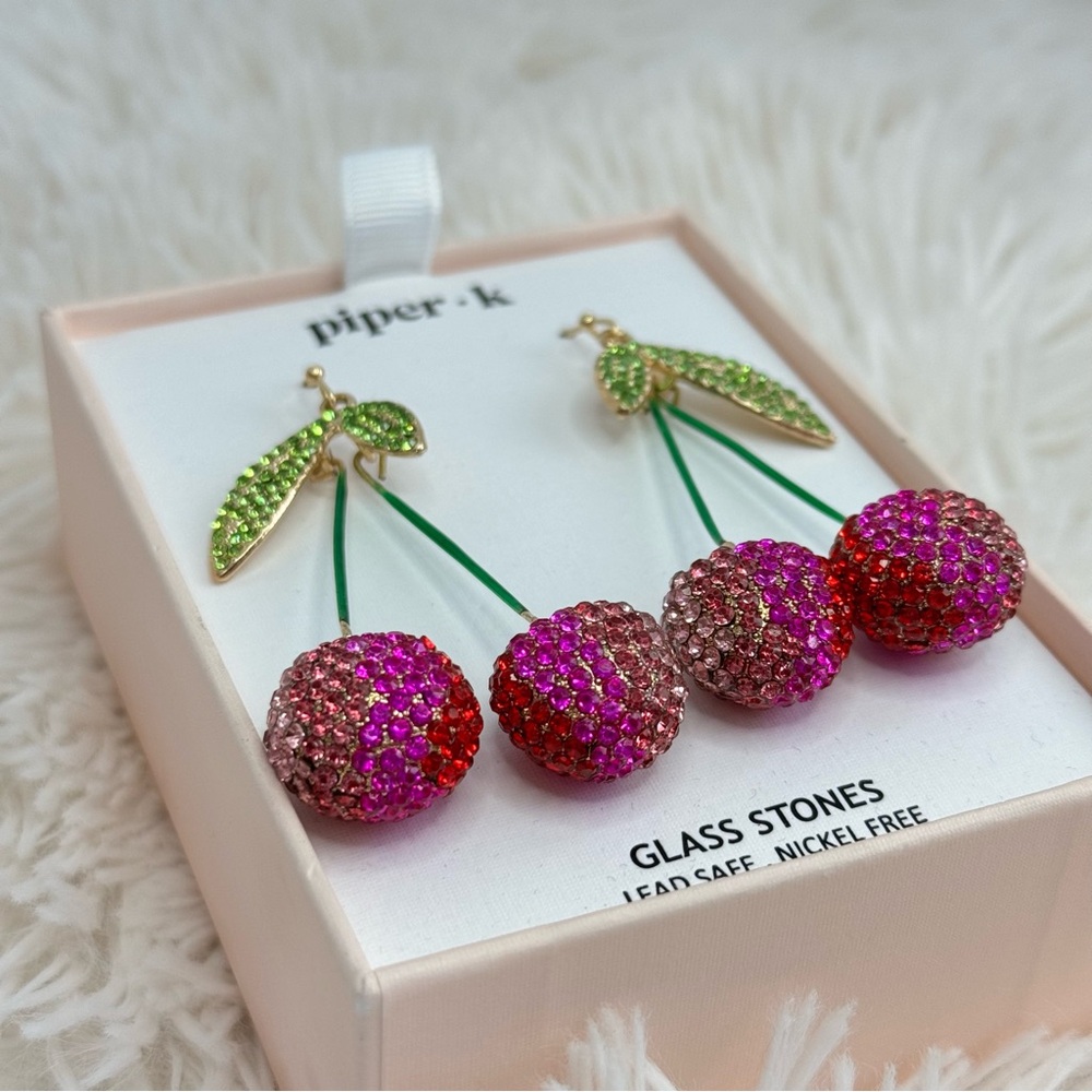 Piper K Cherry Hanging Earrings Glass Stones Fuchsia Red Pink Green Gold 2.5" - Picture 5 of 9